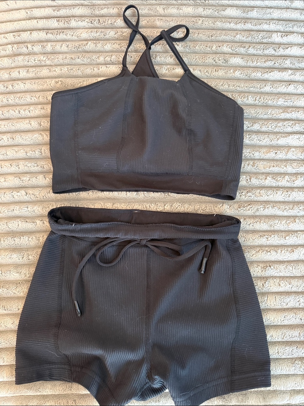 FP Movement by Free People Black Ribbed Crop Top & Drawstring Shorts Set